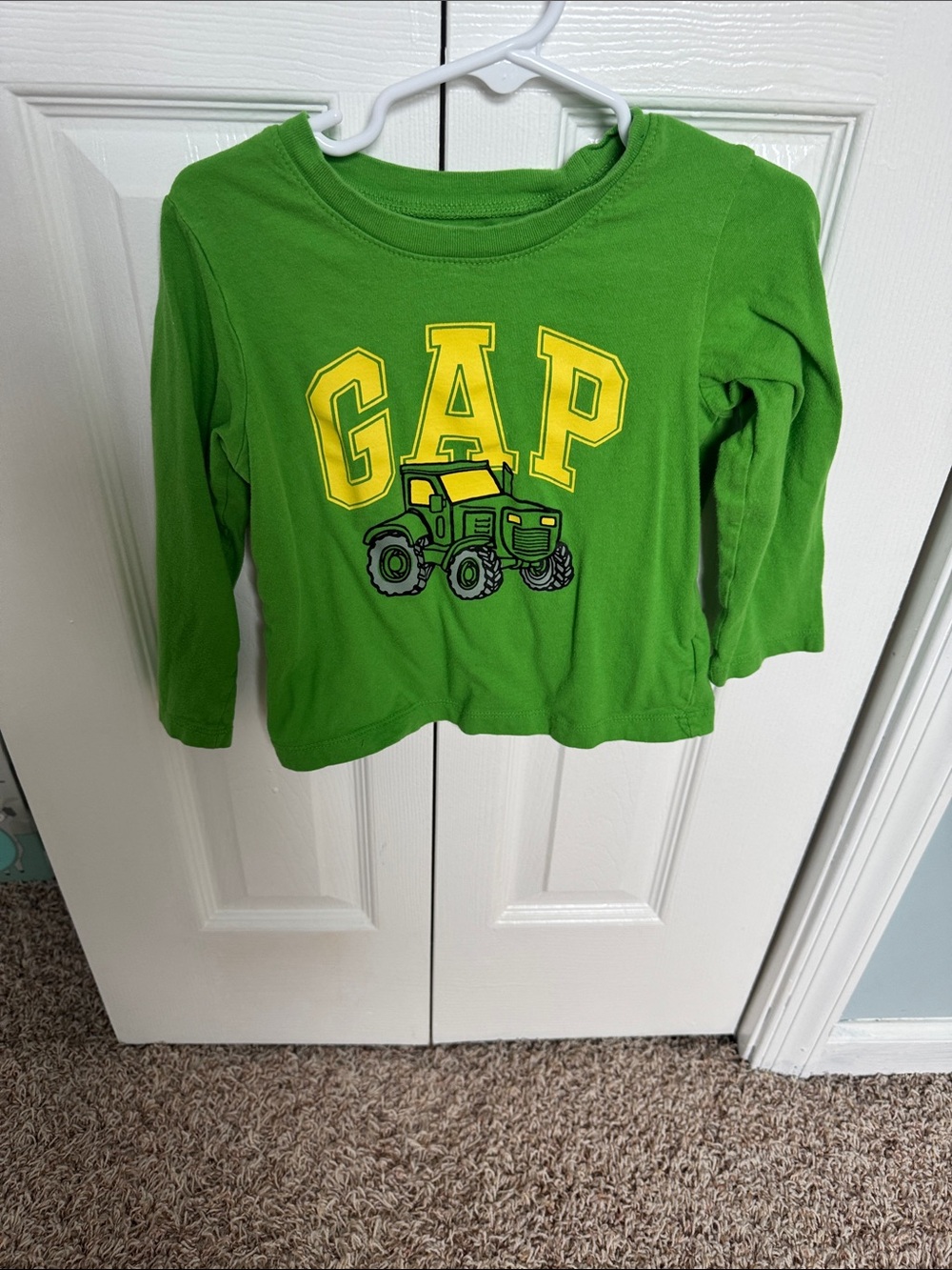 GAP Bright Green Long-Sleeve Tee with Yellow Logo & Tractor